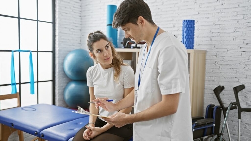 Chiropractor reviewing light-duty return to work documentation with an injured patient in a rehabilitation clinic